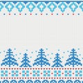 Handmade knitted background pattern with Christmas trees and snowflakes, scandinavian ornaments.