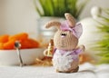 Handmade knitted rabbit. Easter Bunny pastry in a white apron holding in her paws bottle with decorations for the cake