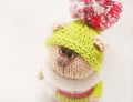 Handmade knitted toy. Knitted bear close-up in color sweater and green cap with color pompom on white background