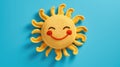 Handmade knitted toy smiling sun on blue background. Top view