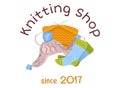 Handmade knitting shop logo with colorful wool socks, yarn, and needles. Cozy craft store emblem since 2017. Crafting