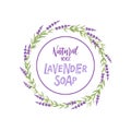 Handmade lavender soap label. Lavender Flower herbal organic icon. Lavender grass wreath Vector flat Illustration for Royalty Free Stock Photo