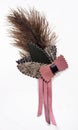 Handmade leather and feather brooch on white Royalty Free Stock Photo