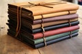 handmade leather journals stacked together