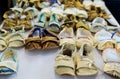 Handmade leather Native American Indian moccasins at a powwow in San Francisco