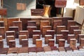 Handmade leather notebook, Books and agendas outside at a shop for sale. Souvenir shop with handmade leather bags and accessories