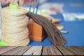 leather thread tassel craft DIY instrument tool. craftsman working desk