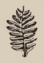 Handmade linocut fern motif clipart in folkart scandi style. Simple monochrome block print leaf shapes with woodcut