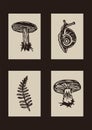 Handmade linocut fern mushroom vector snail motif clipart in folkart scandi style. Simple monochrome block print shapes