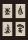 Handmade linocut mushroom bug vector motif clipart in folkart scandi style. Set of simple monochrome block print fern
