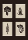Handmade linocut mushroom fern motif vector clipart in folkart scandi style. Set of simple monochrome block print fern