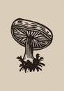 Handmade linocut mushroom vector motif clipart in folkart scandi style. Simple monochrome block print fungi shapes with