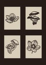 Handmade linocut wildflower mushroom vector motif clipart in folkart scandi style. Simple monochrome block print shapes