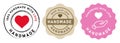 Handmade with love handcrafted product icon emblem label set with heart shape design in red pink and brown
