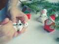 Handmade manufacture of a small toy snowman. Preparations for the celebration of Christmas.