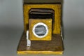 handmade model of an old box camera made of wood, cardboard and foil Royalty Free Stock Photo