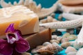 Handmade Moisturizing Almond And Frankincense & Myrrh Goat`s Milk Soap Bars Decorated With Small Pebbles, Sea Stars And Sea Shells