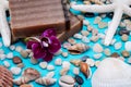 Handmade moisturizing Frankincense & Myrrh Goat`s Milk Bar Soap decorated with Pebbles, Sea Stars, Sea Shells and Orchid Flower