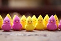 Handmade multi-colored Easter peeps on the table. Good Friday, Easter week