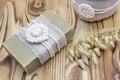 Handmade, natural organic olive oil soap and cosmetic salt on wooden background. Spa bath accessories, feminine care products. Hyg Royalty Free Stock Photo