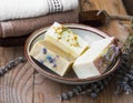 Handmade natural soap with floral extracts and goat milk ingredi