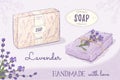 Handmade natural soap lavender. Vector hand drawn illustration of handmade soap with flowers and lettering. Royalty Free Stock Photo