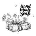 Handmade natural soap. Vector hand drawn illustration of organic cosmetic with chamomile medical flowers Royalty Free Stock Photo