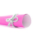 Handmade natural string bow tied on pink paper roll isolated Royalty Free Stock Photo