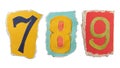 Handmade 7, 8 and 9 numbers created from torn colorful magazine paper