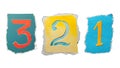 Handmade 3, 2 and 1 numbers created from torn colorful magazine paper