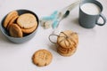 Handmade oatmeal cookies with glass of milk. Traditional freshly baked cookies. Junk-food, culinary, baking and eating concept. Royalty Free Stock Photo
