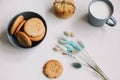 Handmade oatmeal cookies with glass of milk. Traditional freshly baked cookies. Junk-food, culinary, baking and eating concept. Royalty Free Stock Photo