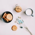 Handmade oatmeal cookies with glass of milk. Traditional freshly baked cookies. Junk-food, culinary, baking and eating concept. Royalty Free Stock Photo