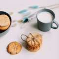 Handmade oatmeal cookies with glass of milk. Traditional freshly baked cookies. Junk-food, culinary, baking and eating concept. Royalty Free Stock Photo