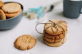 Handmade oatmeal cookies with glass of milk. Traditional freshly baked cookies. Junk-food, culinary, baking and eating concept. Royalty Free Stock Photo