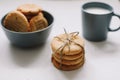 Handmade oatmeal cookies with glass of milk. Traditional freshly baked cookies. Junk-food, culinary, baking and eating concept. Royalty Free Stock Photo