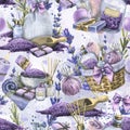 Handmade objects for SPA, bath reception, cosmetics. Watercolor illustration from a collection LAVENDER SPA. For fabric Royalty Free Stock Photo