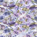 Handmade objects for SPA, bath reception, cosmetics. Watercolor illustration from a collection LAVENDER SPA. For fabric Royalty Free Stock Photo