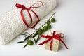 Handmade olive soap with olive branch and a towel, as a gift. Royalty Free Stock Photo