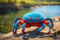 Handmade orange-blue crab toy. Knitted kid soft toy made yarn on the shore of a river