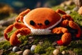 Handmade orange crab toy. Knitted kid soft toy made yarn on the mossy stones