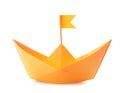 Handmade orange paper boat with flag isolated on white. Origami art Royalty Free Stock Photo