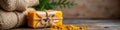 Handmade orange soap with burlap and turmeric on rustic wooden table Royalty Free Stock Photo