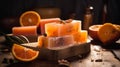 Handmade orange soap with fresh oranges and leaves on wooden background. Atmospheric beautiful spa background