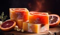 Handmade orange soap with fresh oranges and leaves on wooden background. Atmospheric beautiful spa background