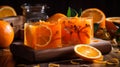 Handmade orange soap with fresh oranges and leaves on wooden background. Atmospheric beautiful spa background