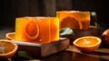 Handmade orange soap with fresh oranges and leaves on wooden background. Atmospheric beautiful spa background