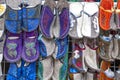 Handmade oriental slippers made of felt with a national ornament. Market. Travel. Kyrgyzstan