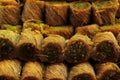 Handmade oriental sweets on the market in Jerusalem. Oriental sweets made from nuts, honey and dough of different shapes and color