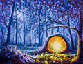 Handmade painting A bright yellow portal to another world in a mystical blue forest. Beautiful night forest art. Illustration, fai